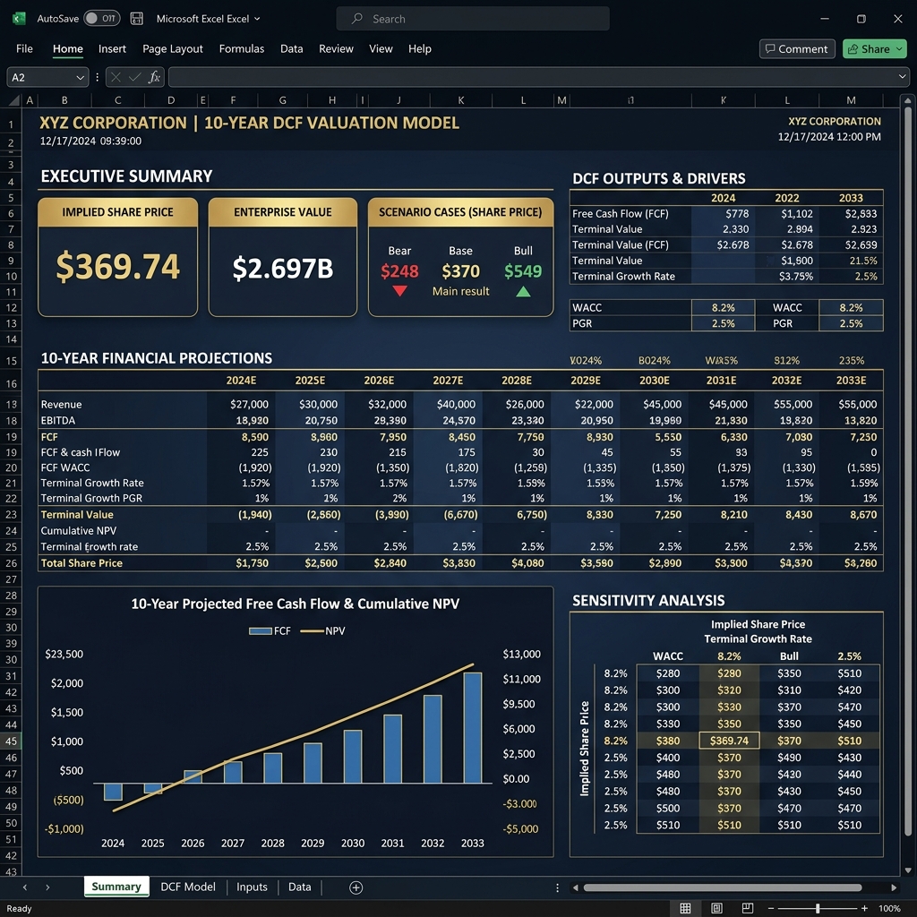 Institutional-Grade DCF Valuation Model Excel Dashboard showing implied share price of $369.74, enterprise value of $2,697B, and bear, base, and bull scenarios.