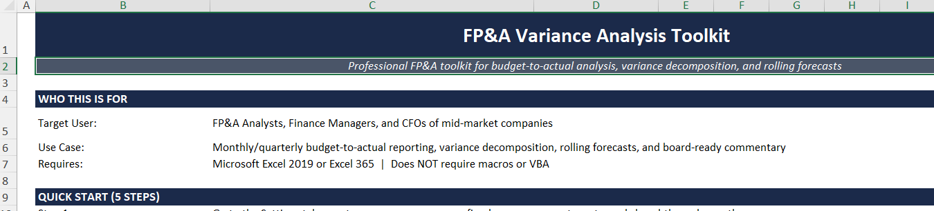 FP&A Variance & Forecast Toolkit — Variance Analysis tab showing budget vs actual for all 12 months with favorable/adverse color coding